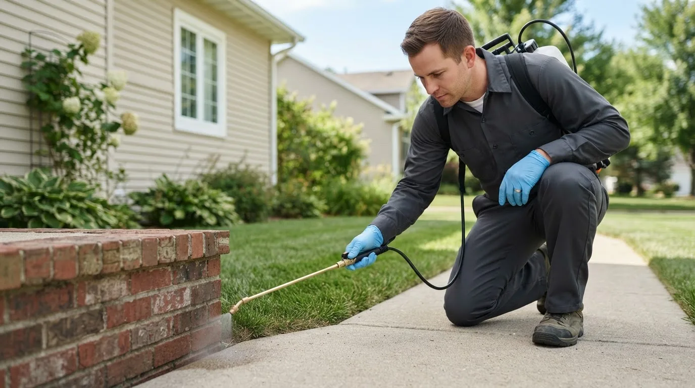 Pest control technician treating a home near Auburn, NH